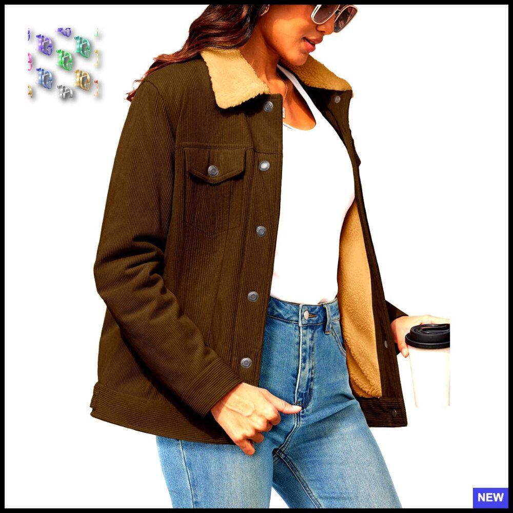 Corduroy Sherpa Fleece Lined Jacket Button Down Shacket Warm Winter Western Coat